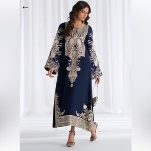 Ethnc pk Embellished Navy Maxi Dress with Gold Embroidery